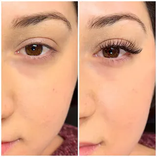Before and after: mixed lash extensions, classic and volume together, close-up