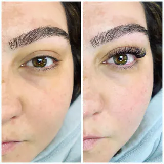 Before and after: mixed lash extensions, classic and volume together, close-up