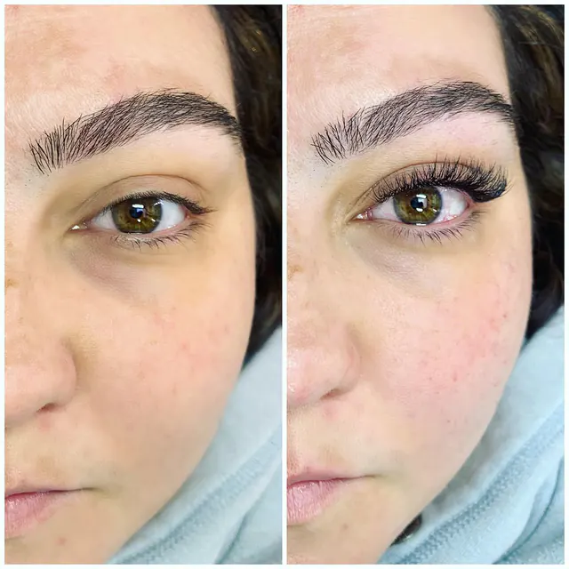 Before and after: mixed lash extensions, classic and volume together, close-up