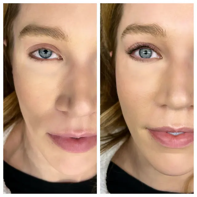 Before and after: mixed lash extensions, classic and volume together, close-up