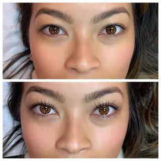 Before and after: YUMI lash lift result: natural lashes lifted, close-up