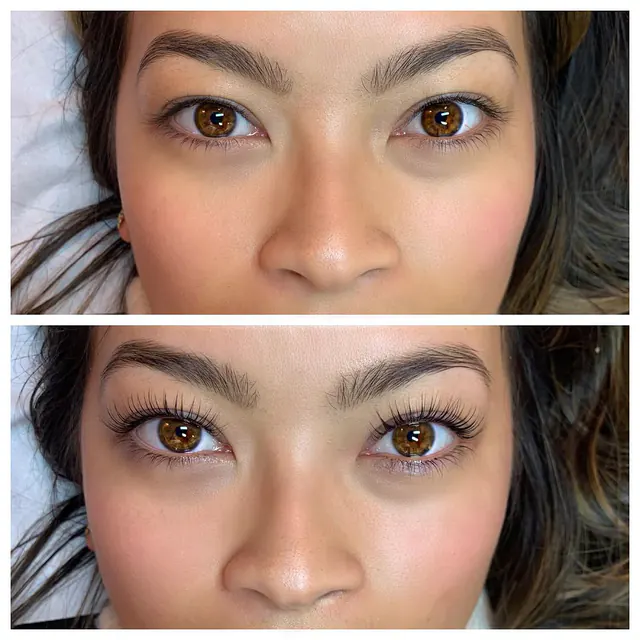 Before and after: YUMI lash lift result: natural lashes lifted, close-up