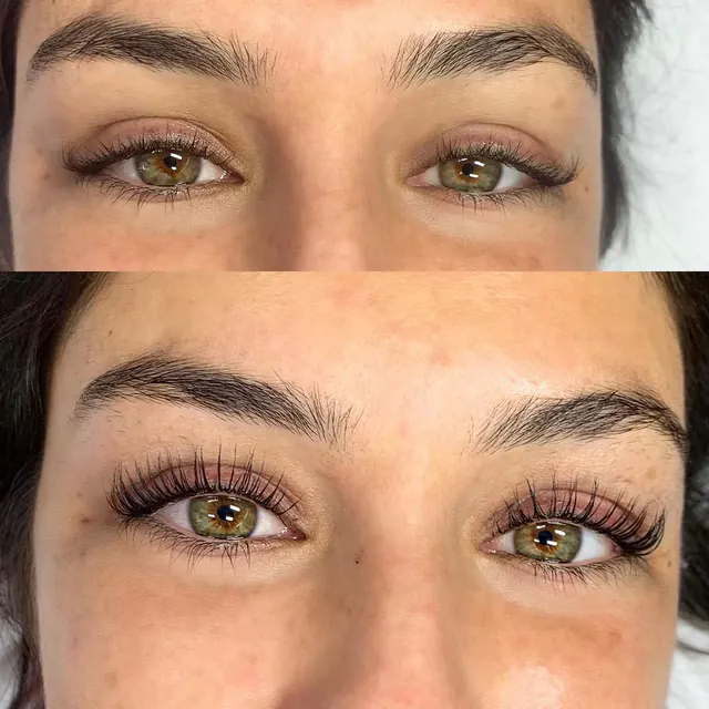 Before and after: YUMI lash lift result: natural lashes lifted, close-up