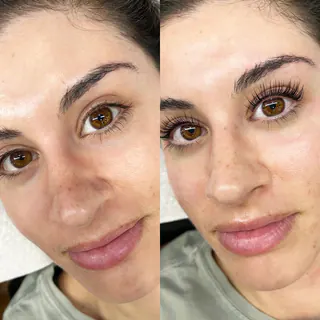 Before and after: YUMI lash lift result: natural lashes lifted, close-up