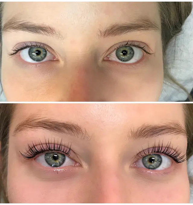 Before and after: YUMI lash lift and tint result: lifted, darkened natural lashes, close-up