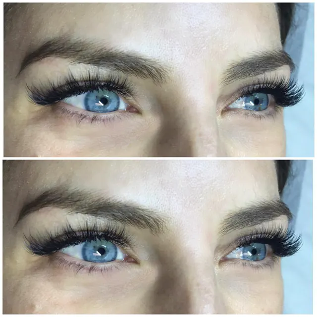 Mixed lash extensions, classic and volume together, close-up