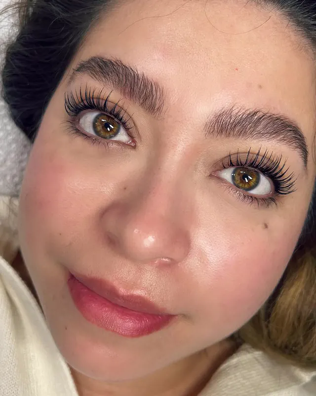 YUMI lash lift and tint result: lifted, darkened natural lashes, close-up